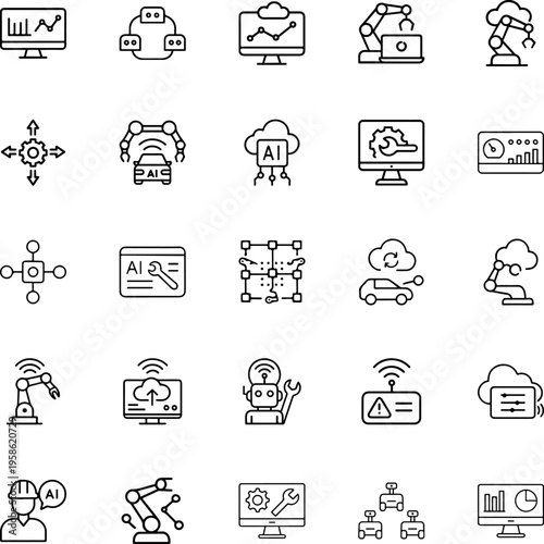 A collection of line icons related to artificial intelligence and automation