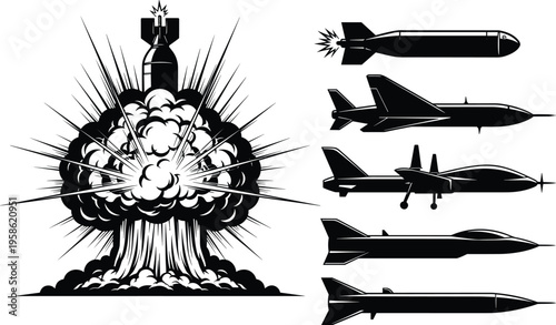 Nuclear explosion and aerial weapons silhouette illustration, military technology artwork, warfare design concept, black and white vector template set