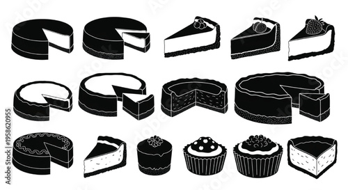 Cheesecake Silhouette Icon Set, Dessert Cake Black Vector Collection with Slices and Pastries
