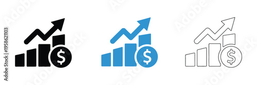 Money increase icons, dollar growth and revenue rise symbols in vector style, illustrating income growth, financial success, and profit increase, clean and modern icons suitable for reports