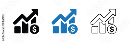 Dollar increase icons, money increase vector symbols representing financial growth, profit, income rise, and positive cash flow, flat and minimal design for business, finance, and economic infographic