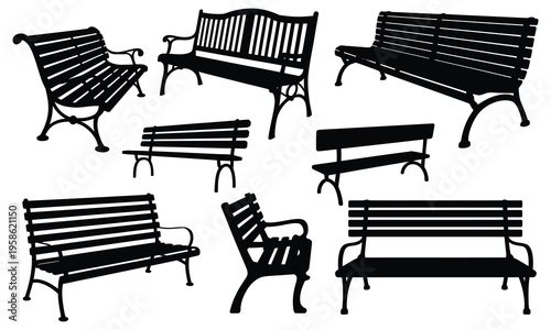Benches collection vector illustration, modern and classic seating designs isolated on white background, including park bench, wooden bench, garden furniture, outdoor and indoor seating elements