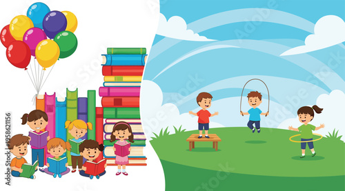 Happy Children Reading Books with Balloons and Kids Playing Outdoor Games Jump Rope and Hula Hoop in Park Cartoon Vector Illustration