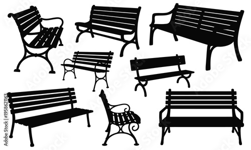 Benches collection vector illustration, modern and classic seating designs isolated on white background, including park bench, wooden bench, garden furniture, outdoor and indoor seating elements