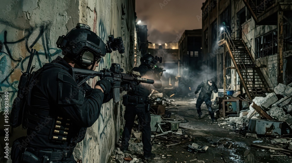 Fototapeta premium Armed tactical officers in ruined alley during close quarters firefight