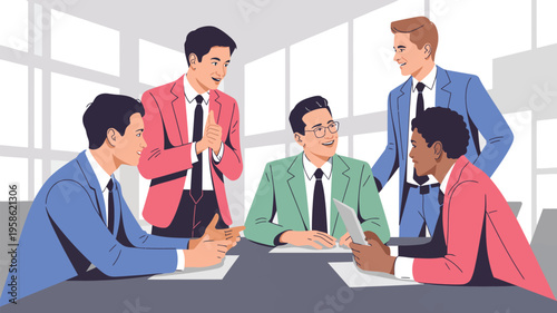 Diverse executives discuss documents at.