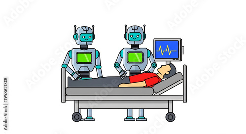 Medical robots assisting a patient in a hospital bed.