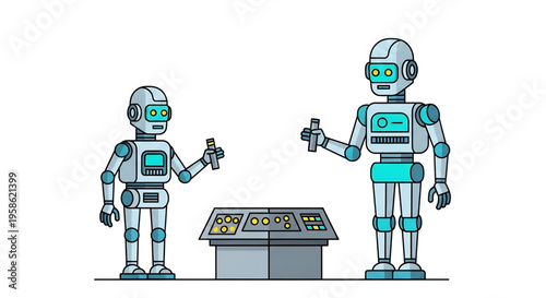 Robots operating a control panel in an industrial setting.