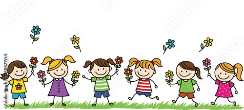 Happy Children Holding Flowers and Walking Together in Nature with Cute Kids Characters and Spring Garden Cartoon Vector Illustration