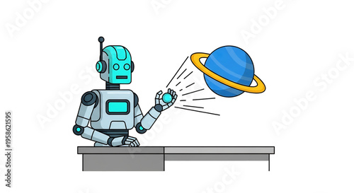 Robot studying astronomy with a model of a planet.