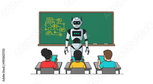 Robot teaching students in a classroom with a board.
