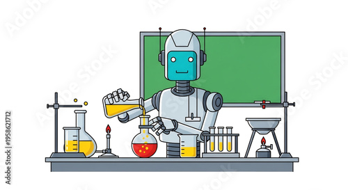 Robot teaching chemistry using lab equipment and board.