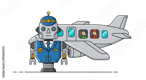 Robot pilot standing next to an airplane.
