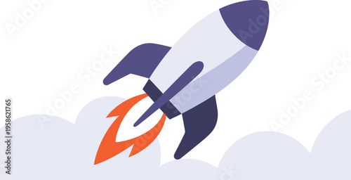 Rocket ship launches upward through clouds.