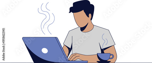 Man works remotely typing on a glowing.