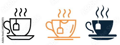 Hot tea cup icon with steam and tea bag, simple glyph design, line and glyph solid icon and logo template, minimal vector collection for menus