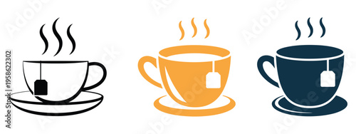 Hot tea cup icon with steam and tea bag, simple glyph design, line and glyph solid icon and logo template, vector illustration, beverage, and hospitality branding