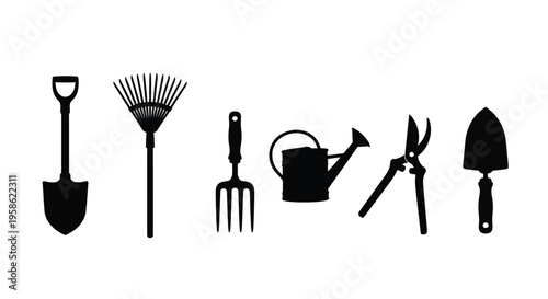 A collection of gardening tools depicted in a simple black silhouette style