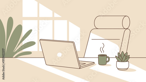 Desk setup shows laptop receiving sun rays.