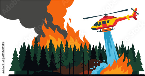 Aerial Firefighting Helicopter Spraying Water on Raging Wildfire in Dense Pine Forest with Dark Smoke — Flat Vector Illustration