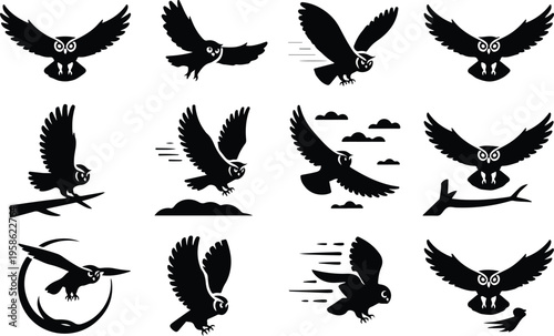 Owl Silhouette Icon Collection Set