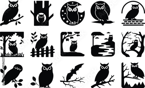 Owl Silhouette Icon Collection Set