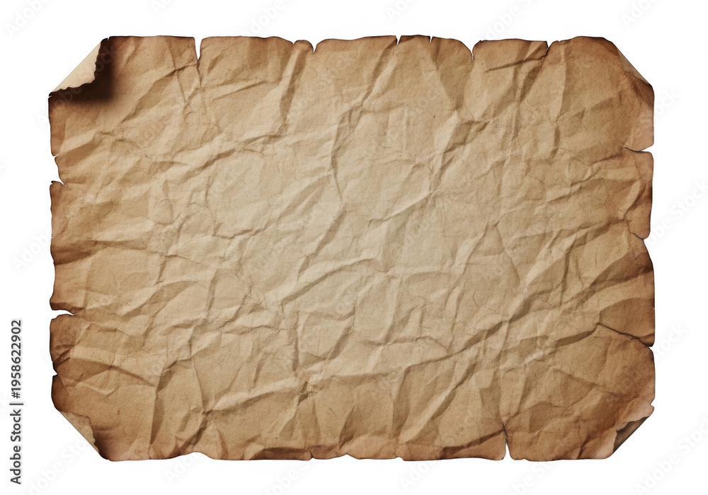 Fototapeta premium A crumpled aged paper texture with torn edges on transparent background