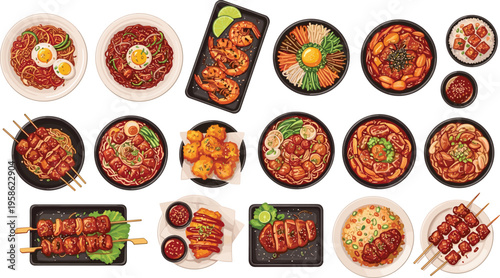 Asian Food Dish Collection with Noodles, Rice Bowls, Skewers, Seafood, and Spicy Soup Top View Vector Illustration Set