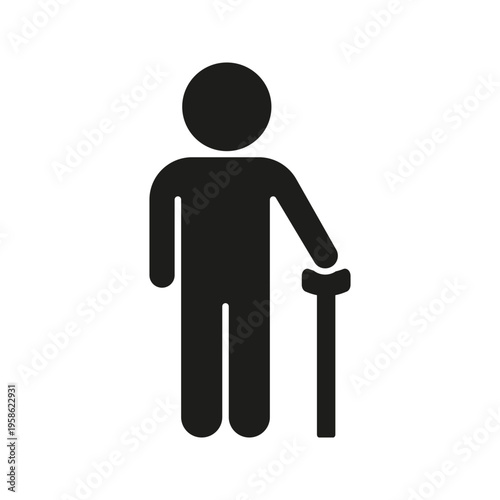 Elderly Person With Cane Solid Icon. Senior Mobility, Support, And Assistance Silhouette Symbol. Aging Population And Accessibility. Isolated Vector Illustration