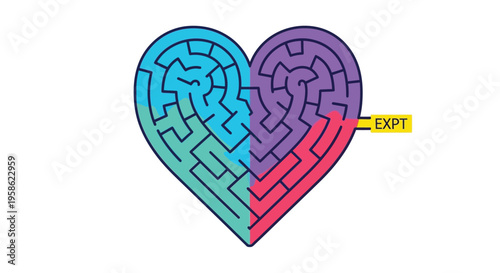 A colorful heart-shaped maze with a path leading to a solution