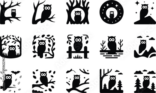 Owl Silhouette Icon Collection Set