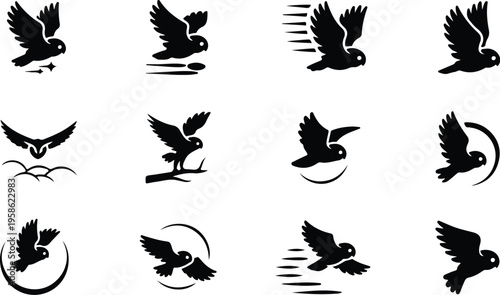 Owl Silhouette Icon Collection Set