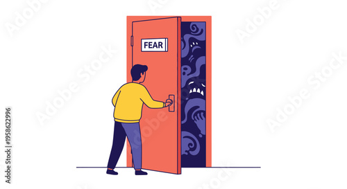 A man stands before an open door labeled fear with a dark and ominous interior