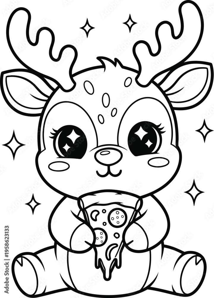 Obraz premium Cuddly cartoon reindeer holding a christmas tree with sparkles around