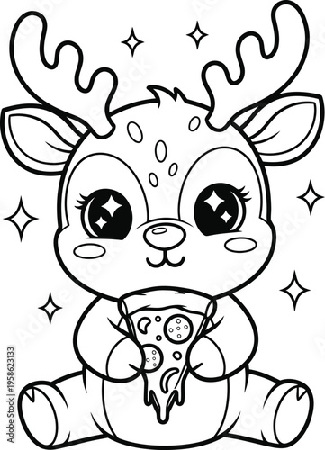 Cuddly cartoon reindeer holding a christmas tree with sparkles around