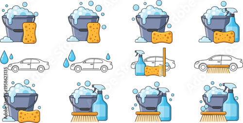 Car Wash Icon Set with Bucket, Sponge, Spray Bottle, Brush, and Washing Car Symbols Flat Vector Illustration Collection