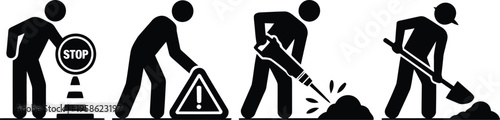 This row of four stick figures illustrates various stages of road construction work and safety