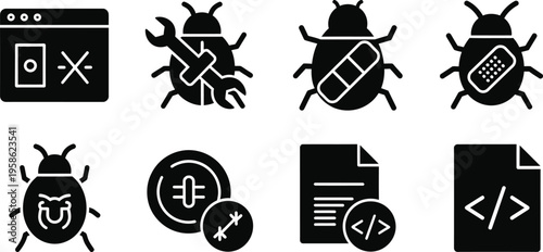 Cybersecurity icons set including malware bugs coding and digital security concepts