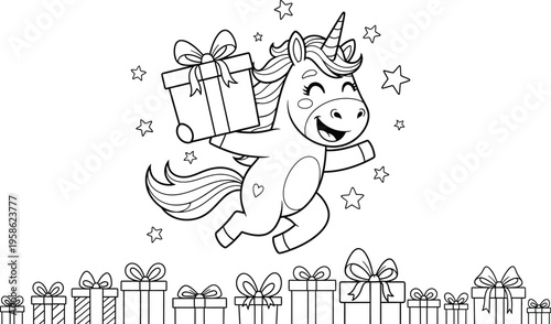 A smiling unicorn wearing a crown and carrying a gift