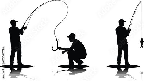 Fishing silhouette set showing angler casting line, preparing hook and catching fish isolated on white background outdoor activity hobby and sport illustration collection