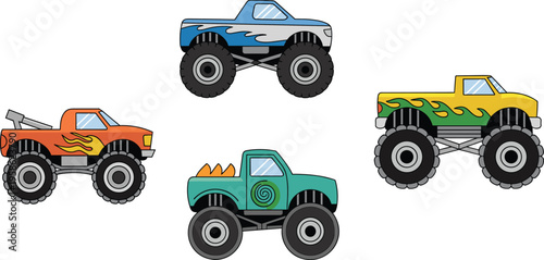 Cartoon monster truck collection vector illustration, colorful off road pickup vehicles with oversized tires and flame graphics isolated on white background