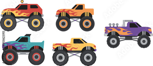 Colorful monster truck set vector illustration, cartoon off road vehicles with flame decals and oversized tires isolated on white background