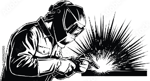 Welder worker silhouette with sparks, industrial metal welding process, construction technician using equipment, heavy industry illustration isolated on white background