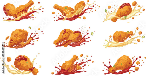 Fried Chicken Splash Illustration Set with Sauce Splash and Crispy Chicken Drumsticks Dynamic Fast Food Vector Illustration Collection