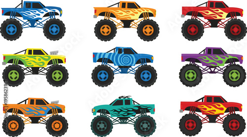 Colorful monster truck collection with flame decals, off road big wheel vehicles cartoon vector set isolated on white background for kids design