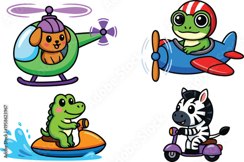 Cute animal vehicle cartoon set with helicopter puppy, frog pilot airplane, crocodile jet ski and zebra scooter isolated on white background