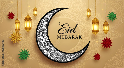 Eid mubarak greeting with crescent moon and lanterns
