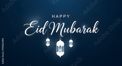 Eid mubarak greeting with lanterns on dark blue background