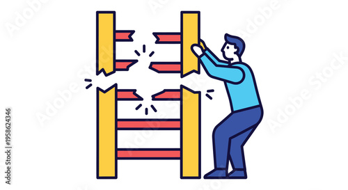 A cartoon man pushing a broken ladder with effort and determination