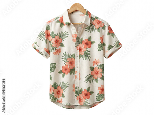Short Sleeve Tropical Hibiscus Floral Print Shirt on Wooden Hanger